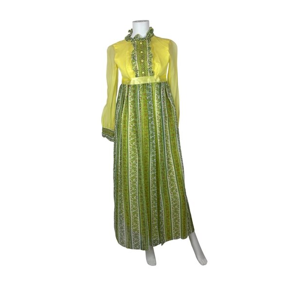 Vintage Dresses & Skirts - Vintage 70s Maxi Dress Juniors Sheer Yellow Chiffon Sleeves Printed Skirt Bow